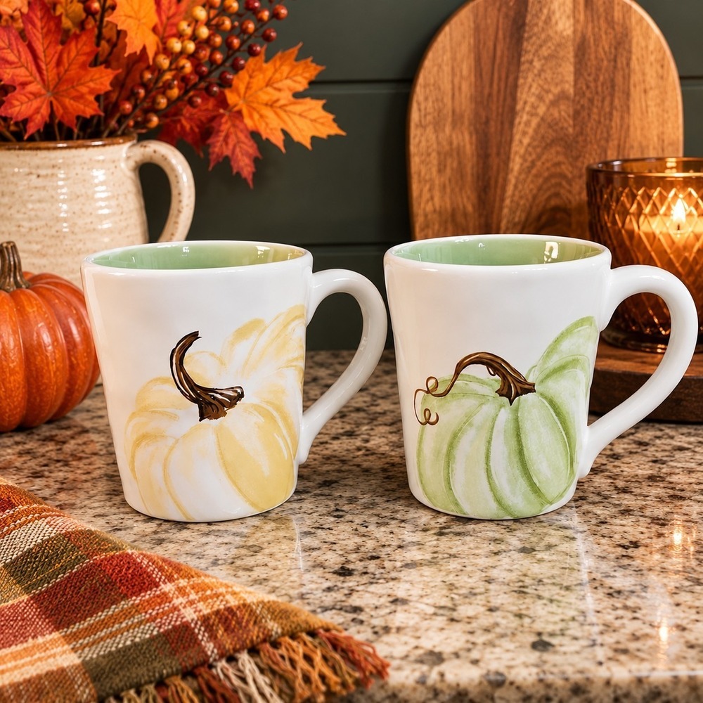 Robert Stanley Pumpkin Coffee Mugs Set Of 2 Autumn Fall Farmhouse Rustic Artsy